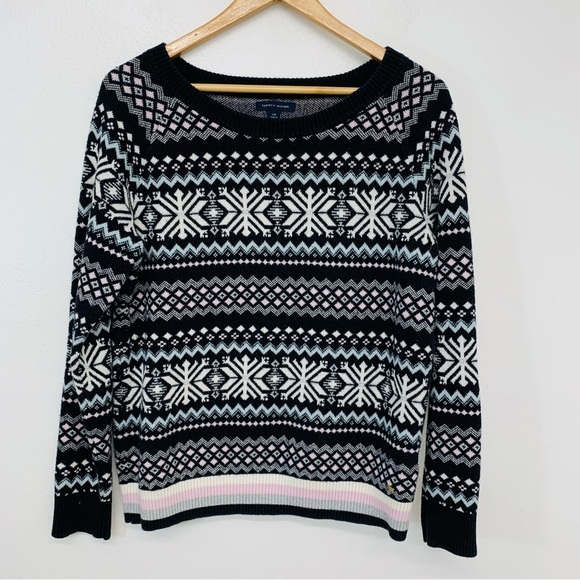 Tommy Hilfiger Fair Isle Sweater Woman Large Cotton Wool Long Sleeve Snowflakes - Picture 1 of 9